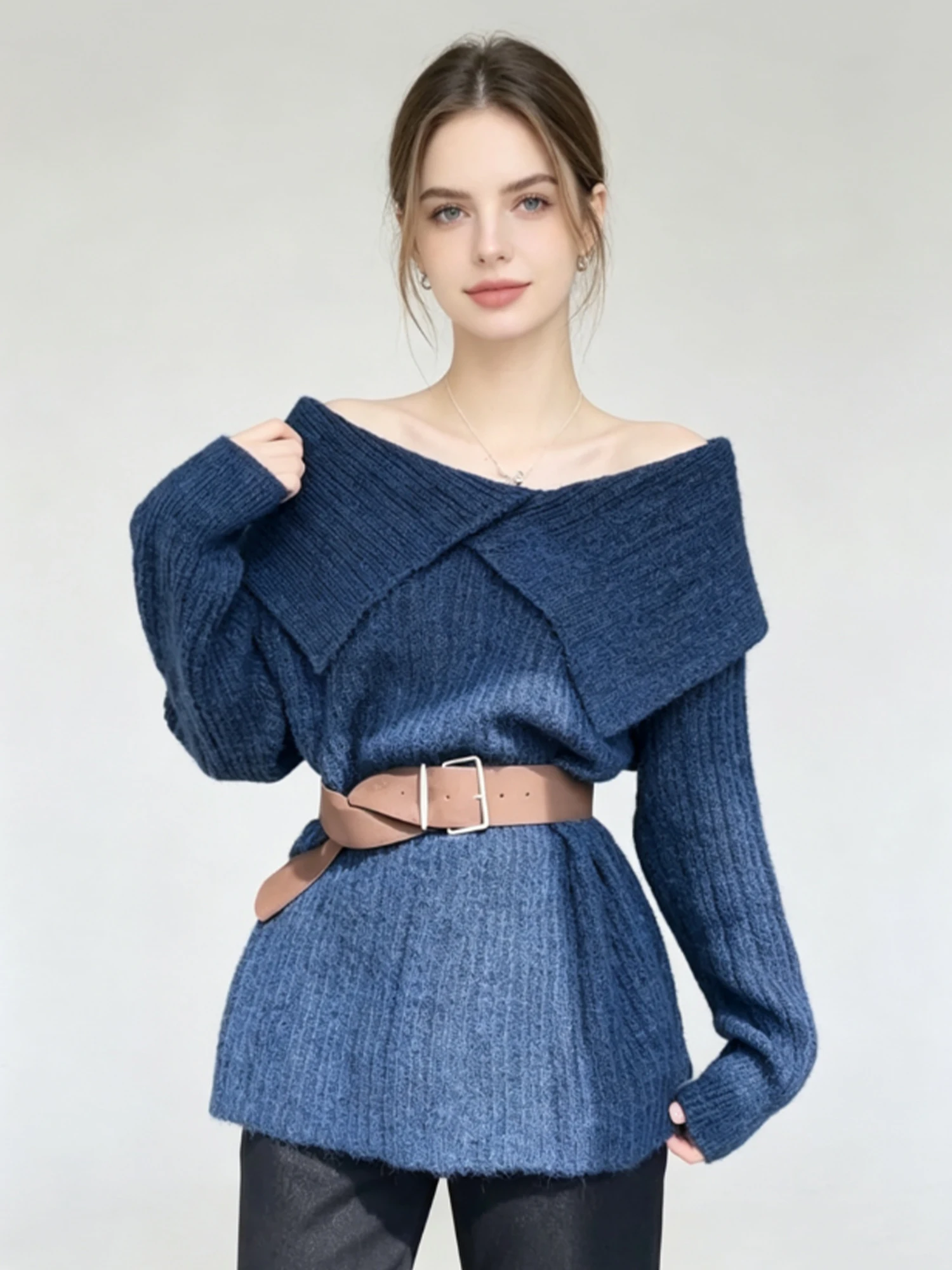 Women's Blue Off Shoulder Lapel Pullover Sweater with Belt Y2k Gyaru Vintage Korean Long Sleeve Midi Knitwear for Women Autumn