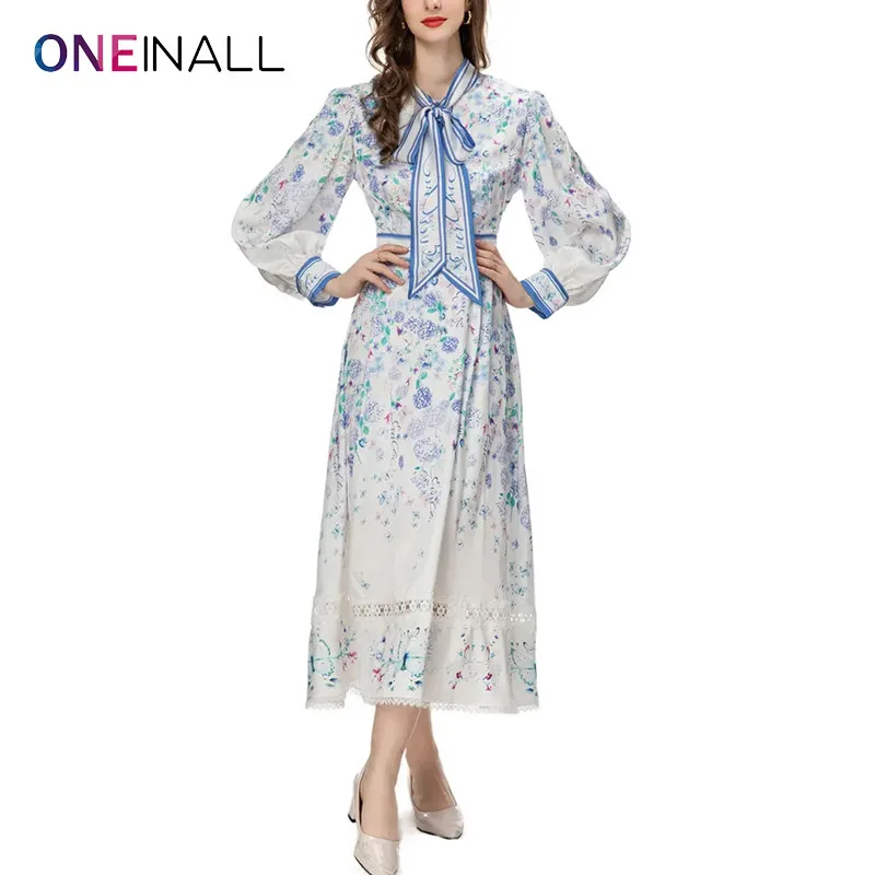 

ONEINALL Hit Color Printing Dress For Women Stand Collar Lantern Sleeve High Waist Spliced Lace Up Elegant Dresses Female Spring