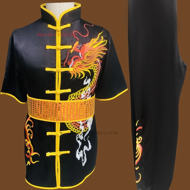 

2024 traditional chinese kung fu shaolin set national dragon embroidery wushu uniform kung fu tai chi training exercise suit