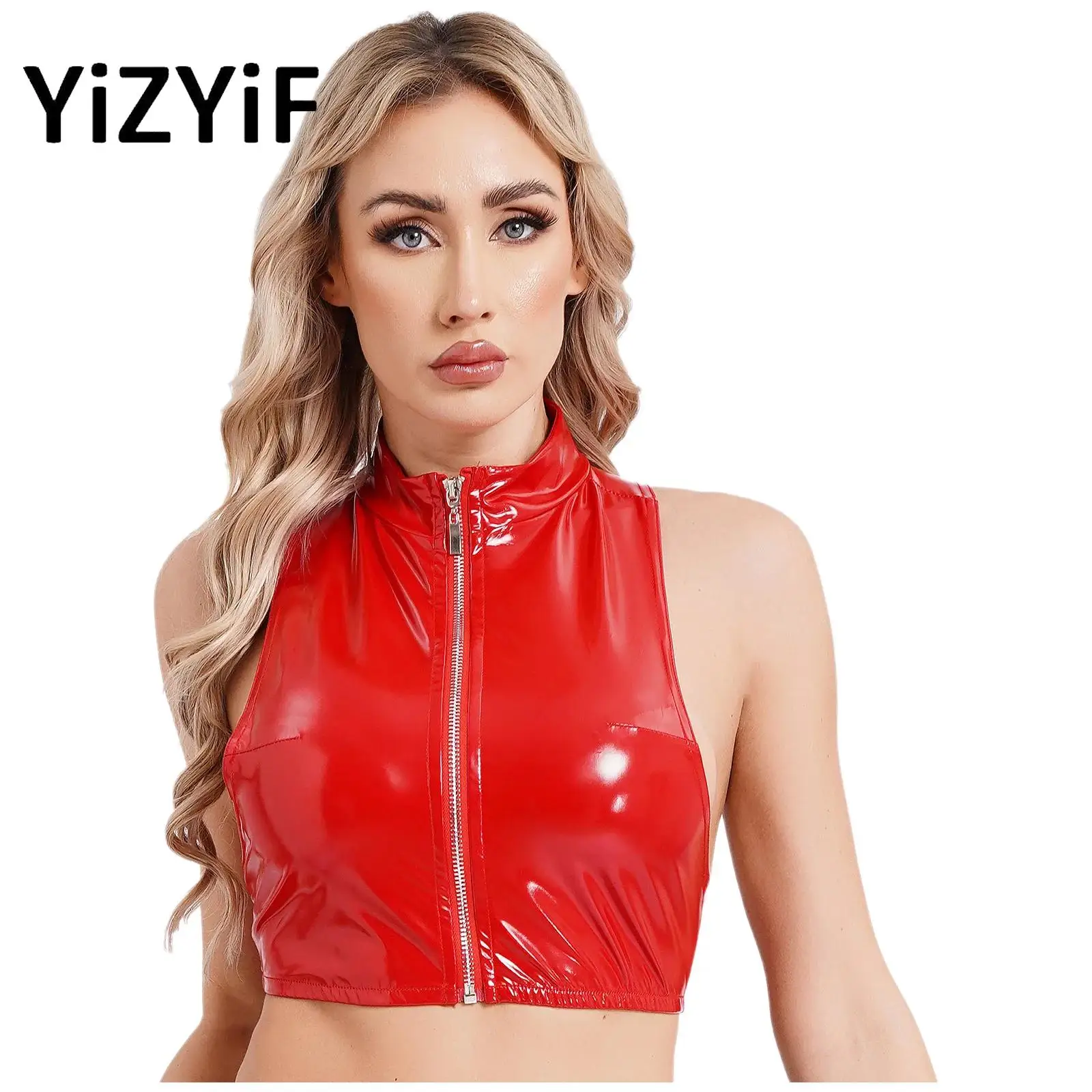 

Womens Glossy Patent Leather Sleeveless Mock Neck Crop Tank Tops Zipper Camisole Night Club Party Rave Dance Costume Clubwear