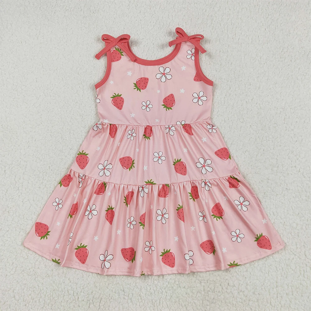 

Baby Girls Strawberry Floral Sleeveless Patchwork Dress with Bows Knee-Length Dress for Little Girls