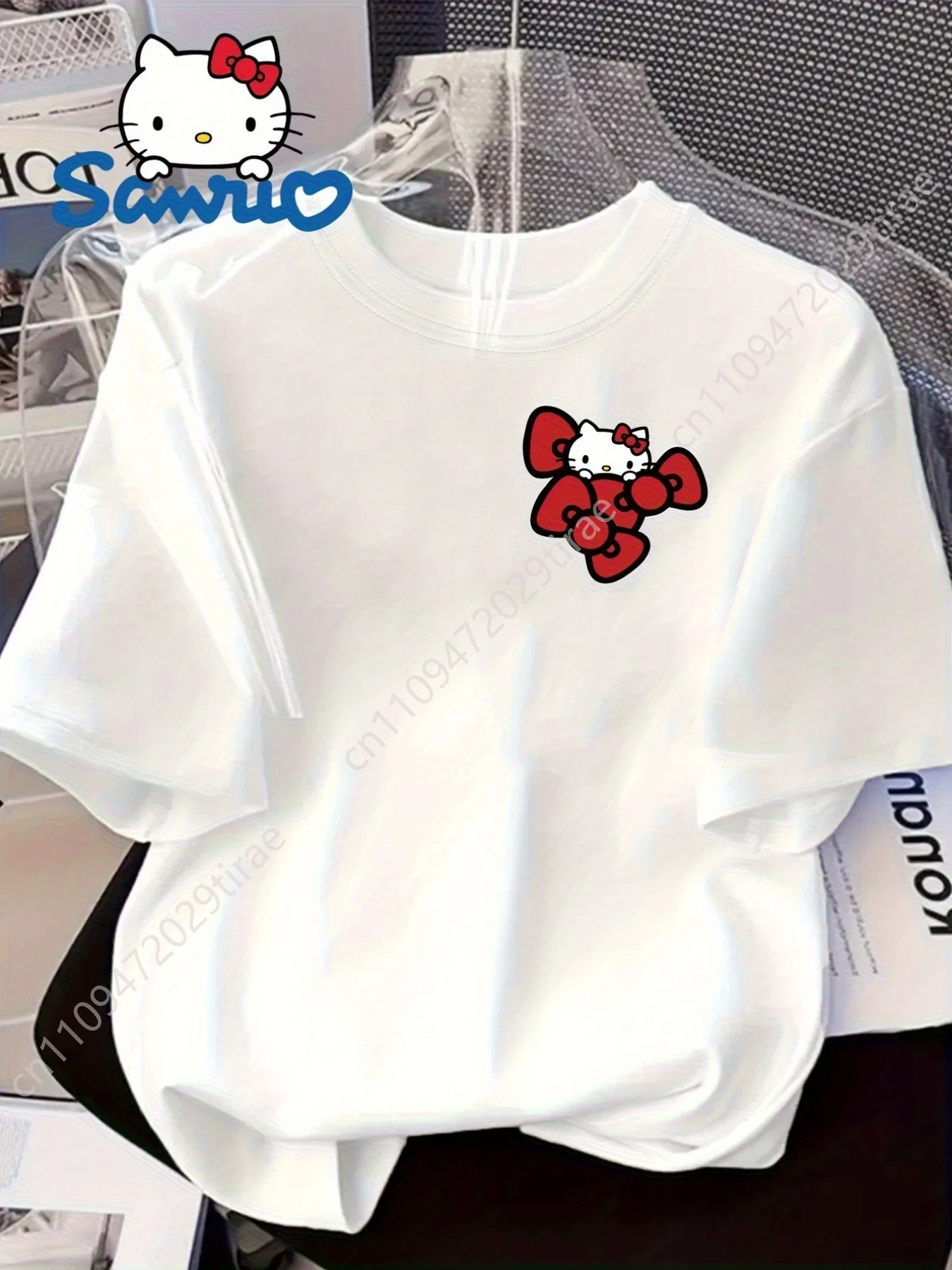 

Sanrio Hello Kitty Women's Official Licensed Kawaii T-Shirt - Iconic White with Red Bow & Hello Kitty Face Print, A-Line Loose F