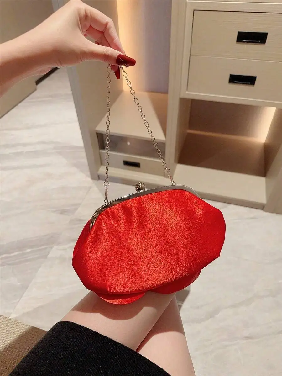 Red Satin Flower Clutch Bag For Women Formal Party Wedding Evening Event