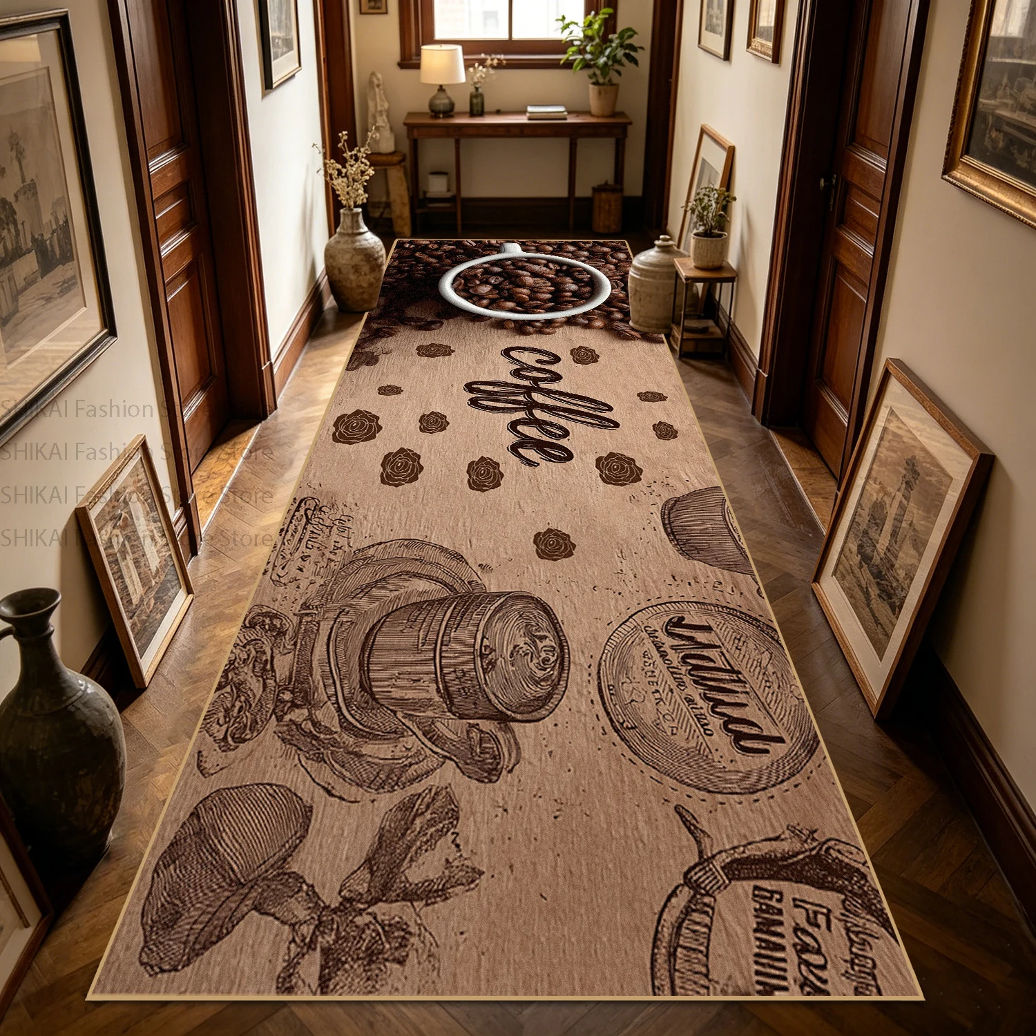 Brown Latte Coffee Beans Print Long Corridor Carpet Antiskid Soft Washable Runner Rug Easy Clean Home Decor Mat for Passageway