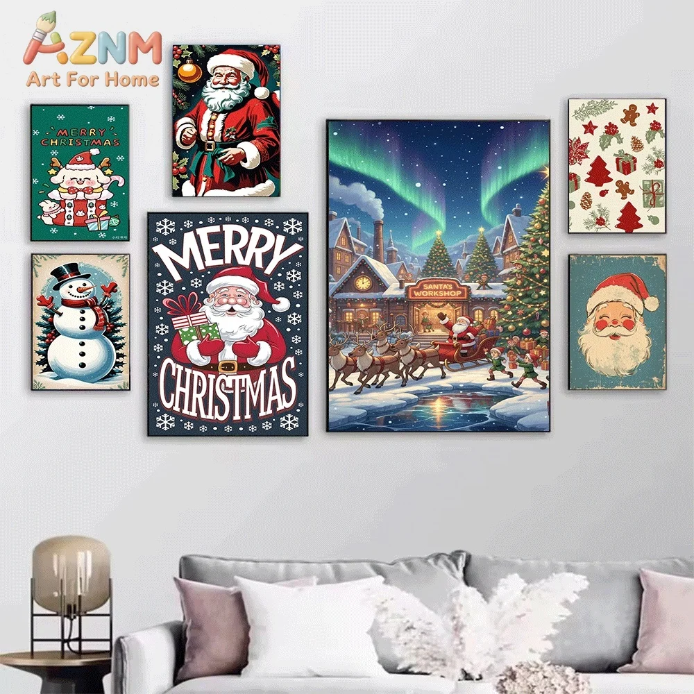 Vintage Christmas Gingerbread Man Santa Snowman Canvas Wall Art Print Poster Unframed Canvas Painting Home Living Room Bedroom