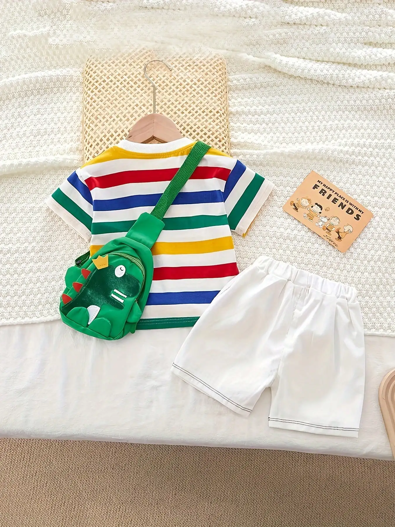 Children's Dinosaur Themed Fashionable Striped Shirt And Shorts Set Embroidered Dinosaur Design Includes Dinosaur Accessory