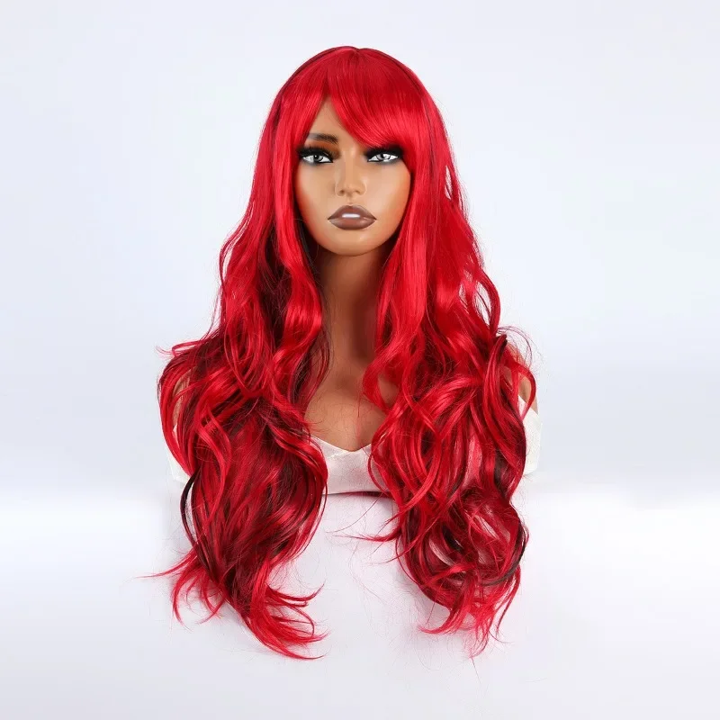 

European and American fashion wig female cosplay mermaid red long curly hair trimmed wig