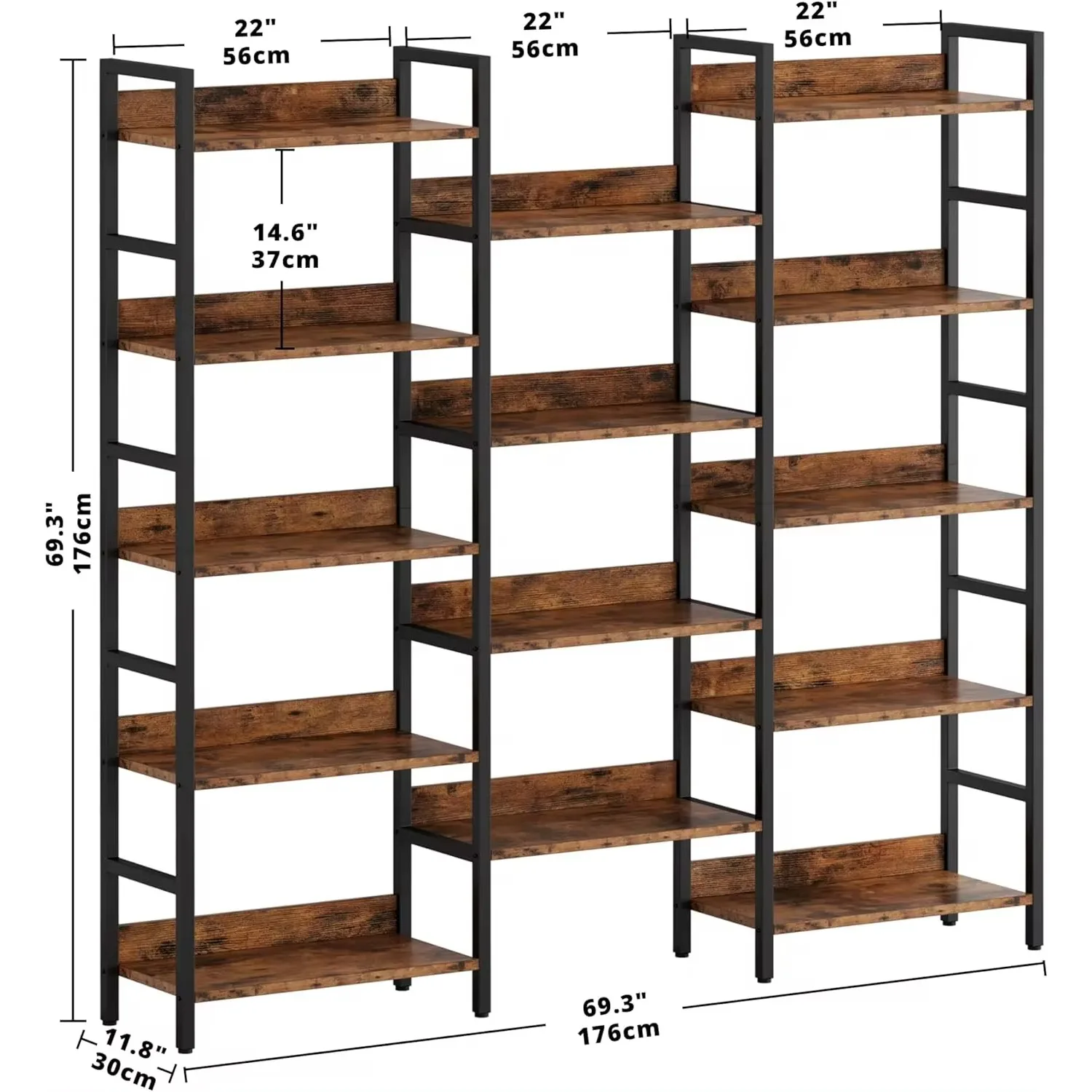 Bookcases and Bookshelves Triple Wide 5 Tiers Industrial Bookshelf with Baffles Large Etagere Bookshelf with Metal Frame