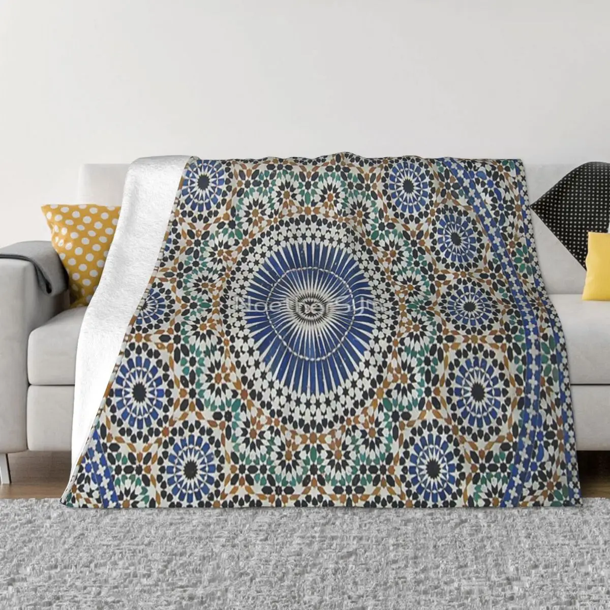 Zellige Moroccan Mosaic Tilework, Traditional Moroccan Art Blanket Bedspread On The Bed Vintage Blanket