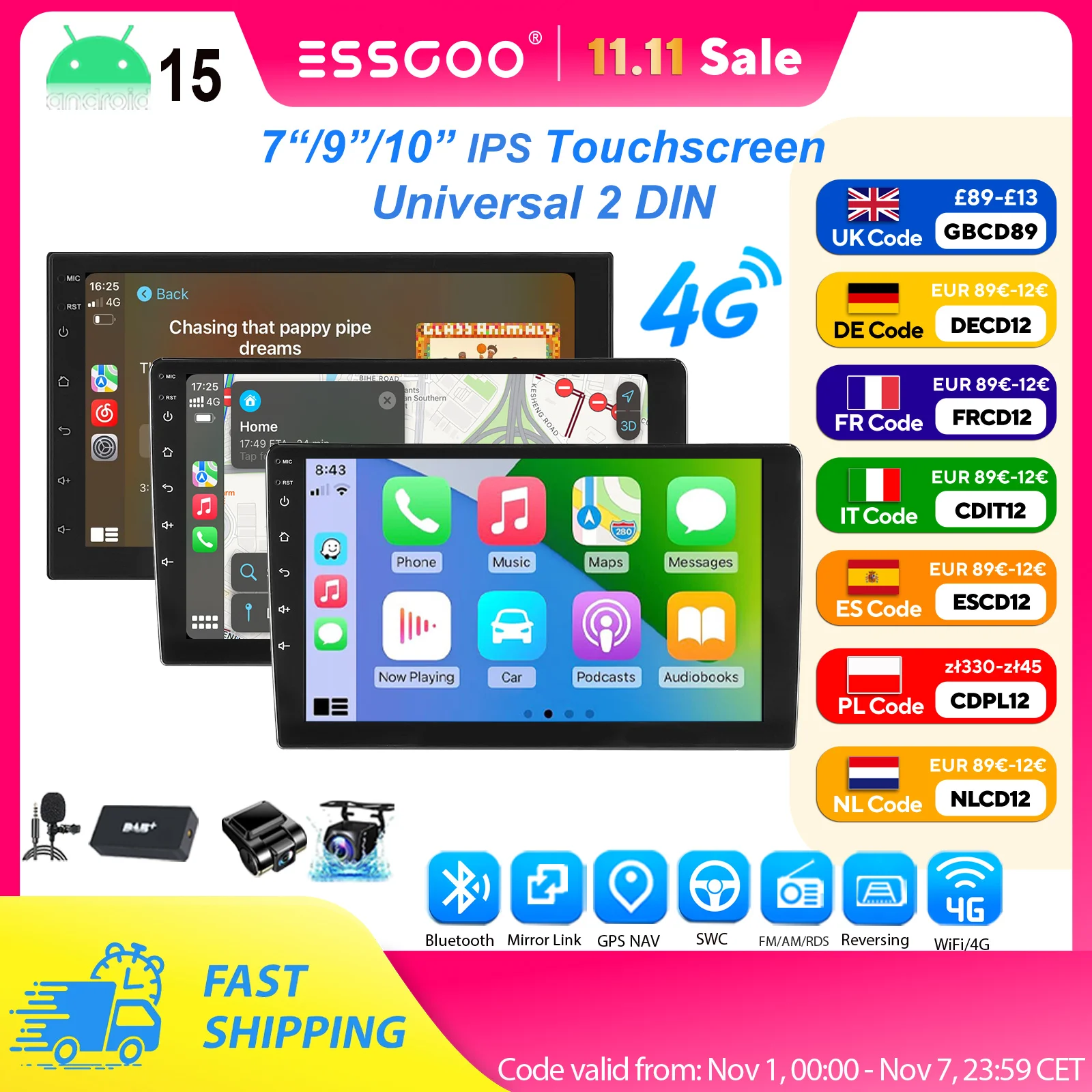 ESSGOO 7 "/9"/10 "Android15 8-Core 6 + 128G Autoradio Wireless Carplay GPS Navi BT AM FM RDS WIFI QLED Touchscreen 4G LTE SWC 2 DIN