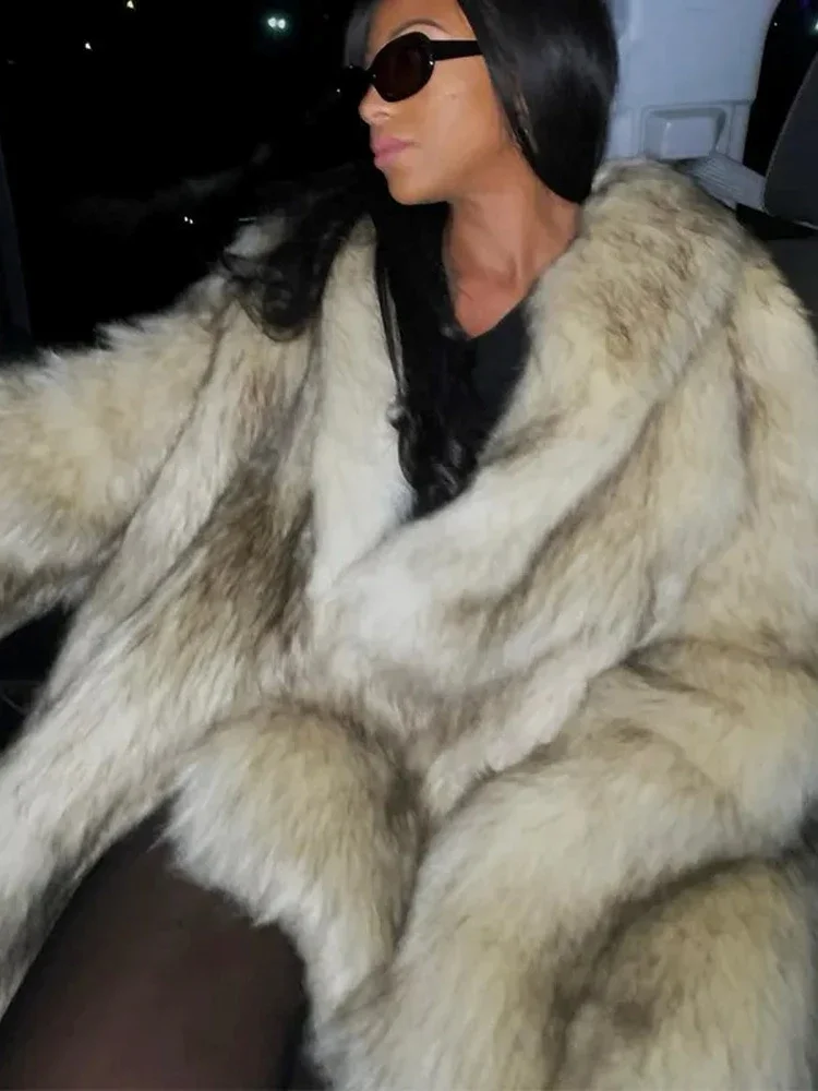 

Elegant Warm Fake Fur Coat For Women Fashion Full Sleeve Pocket Oversize Long Coats 2025 Winter High Street Lady Outerwear New
