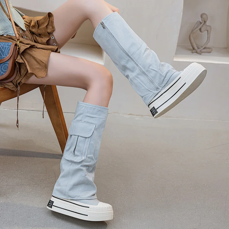 12cm Denim Cnvas 2025 Fall Winter New Brown Fashion Boots Versatile Platform Heightened Vintage Trouser Heel Boots Women view 2