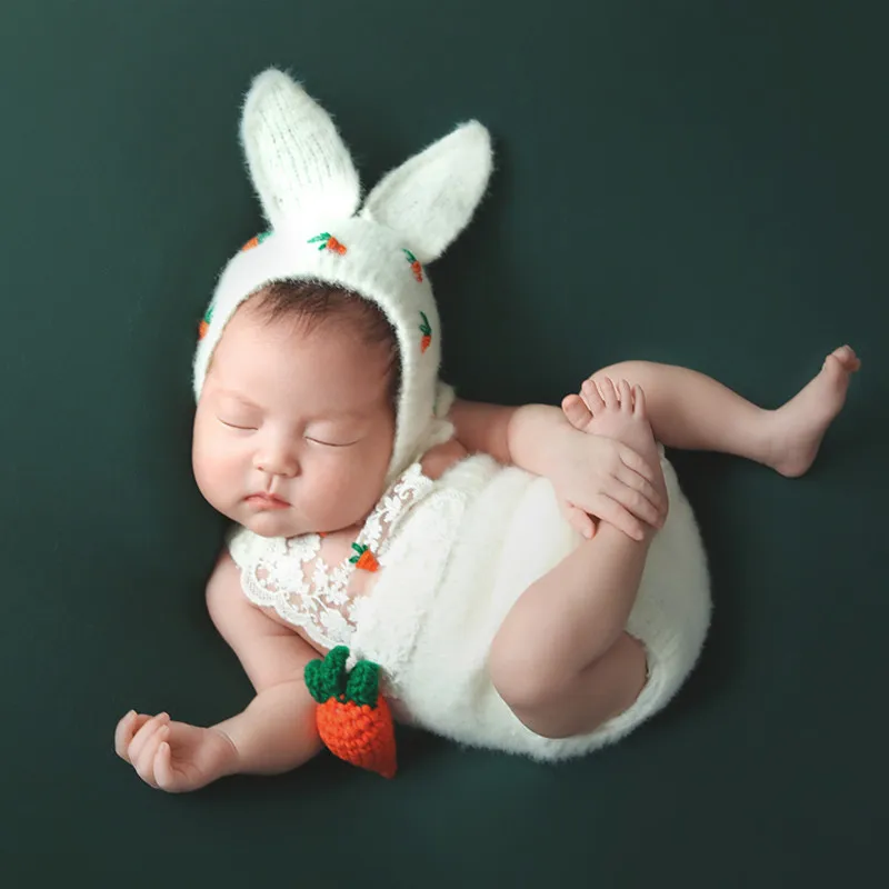 ❤️Newborn Photography Clothing Rabbit Hat+Jumpsuits+Radish 5Pcs/set Baby Photo Props Accessories Studio Shoot Clothes Outfits