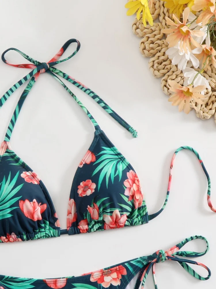 Bikini Damski Strój Kąpielowy 2025 Nowy Wzór Zielony Halter Bikini Zestaw Seksowny Sznurowany Strój Kąpielowy Letni Dwuczęściowy Strój Plażowy Kąpielowy Damski