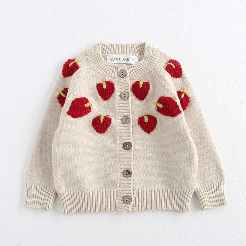 MILANCEL1-6Y Girls Sweaters Embroidery Strawberry Girls Cardigans Single Breast Knit Wear Girls Sweater