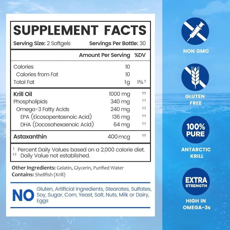 مكمل زيت كريل أنتاركتيكا 1000 ملغ |   زيت أوميجا 3 غني بـ EPA+DHA وأستازانتين وفوسفوليبيدز -60 كبسولة هلامية