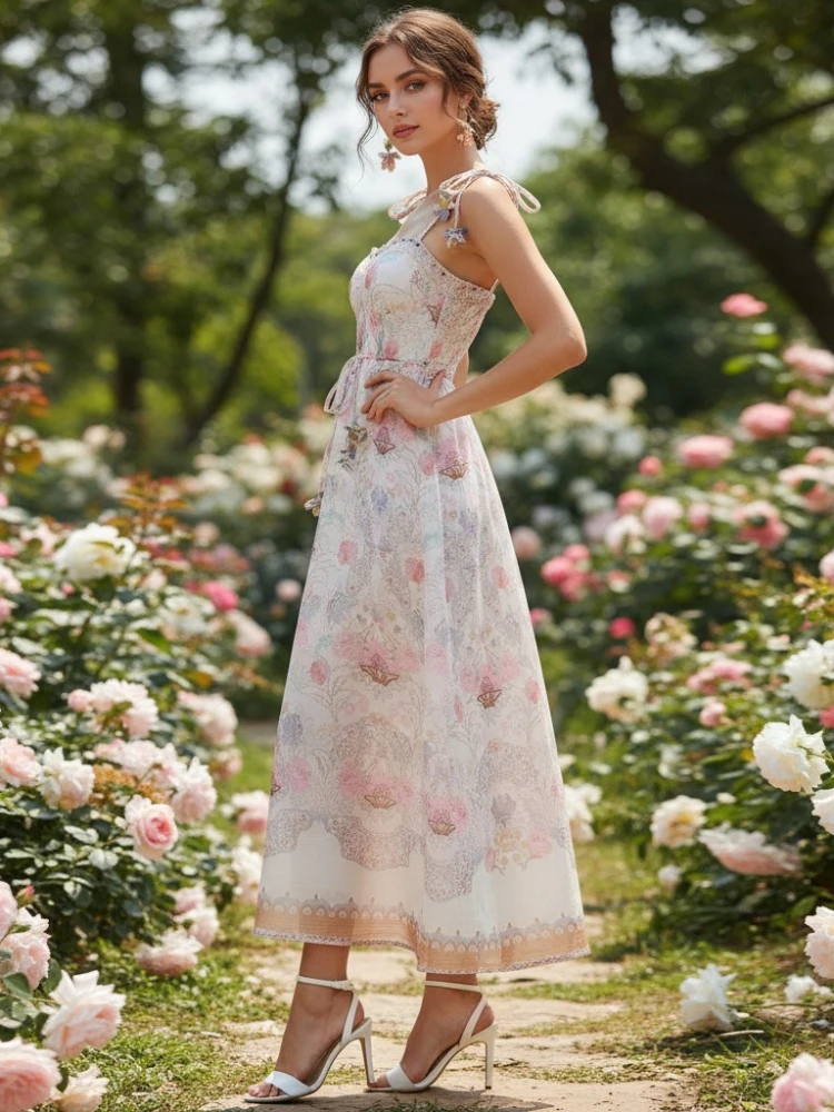 2026 Summer New Floral Print Suspender Fishbone Waist Cinching Fairy Dress Travel Vacation Dress Long Skirt
