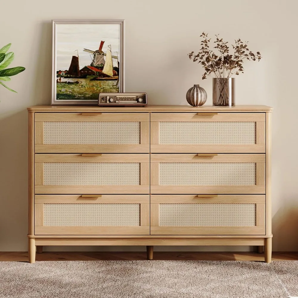 Mid-Century Modern Kommode aus Rattan mit 6 Schubladen, 47 breite Schlafzimmerkommode mit Metallgriffen