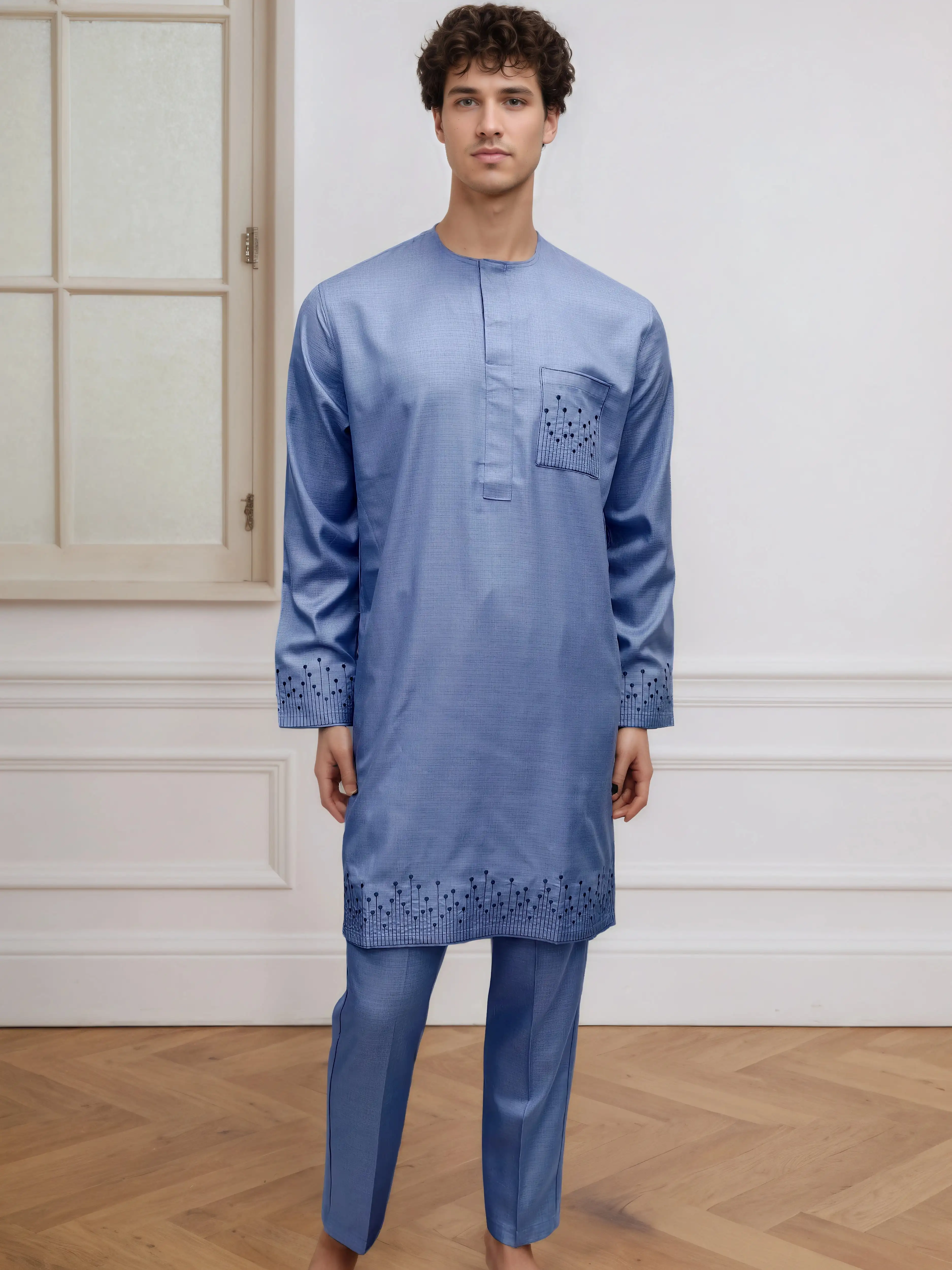 Pakaian Ramadhan Jubba Thobe Arab Abaya Muslim Islam Maroko Afrika Pria Doa Bagus Jubah Idul Fitri Bordir Lengan Panjang