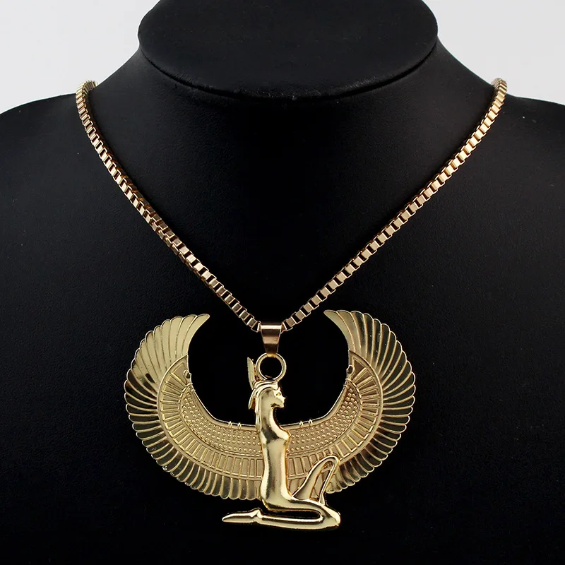 Ancient Egyptian Goddess Isis Spreading Wings Kneeling On The Ground Titanium Steel Pendant Necklace, Men Sweater Chain