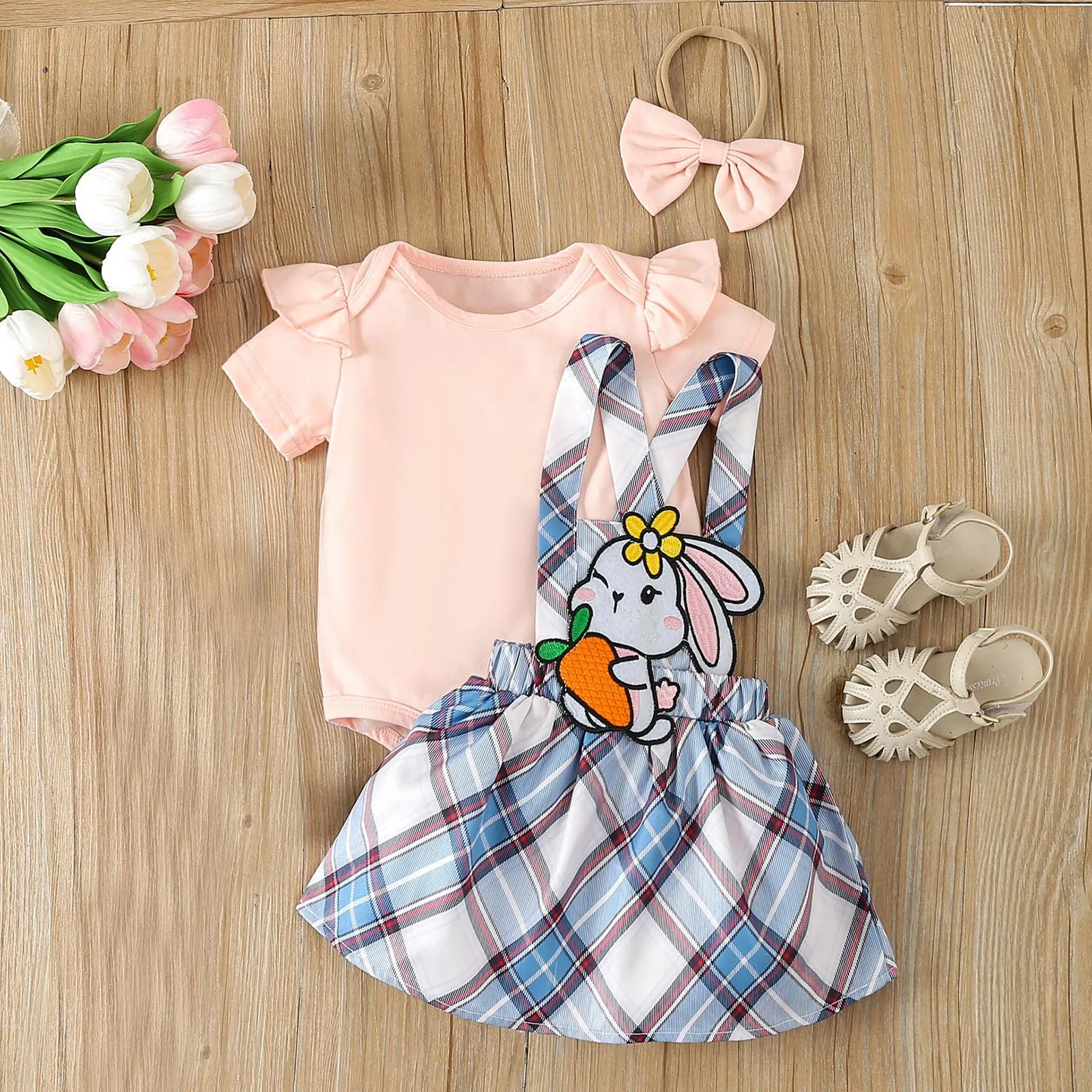 0-18months Baby Girls Outfit Sets Short Sleeve Rompers And Bunny Suspender Skirt Headband Summer Infant Girls 3pcs Clothes Set