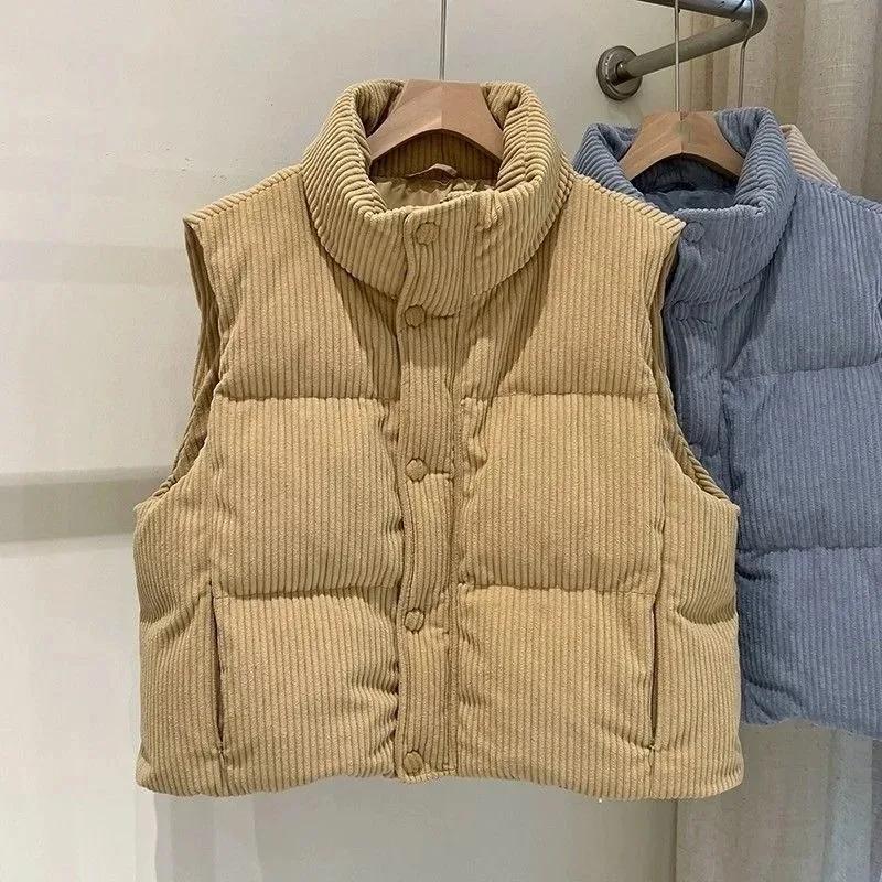 Corduroy Stand Collar down Vest Women Small Size Warm oulder Pad Cotton Clothes Commute Sle ort Length