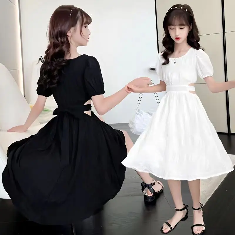 2024 new summer princess white black dress boat neckline short sleeve backless kids children Ruffle teens 5 6 8 9 10 11 12 years