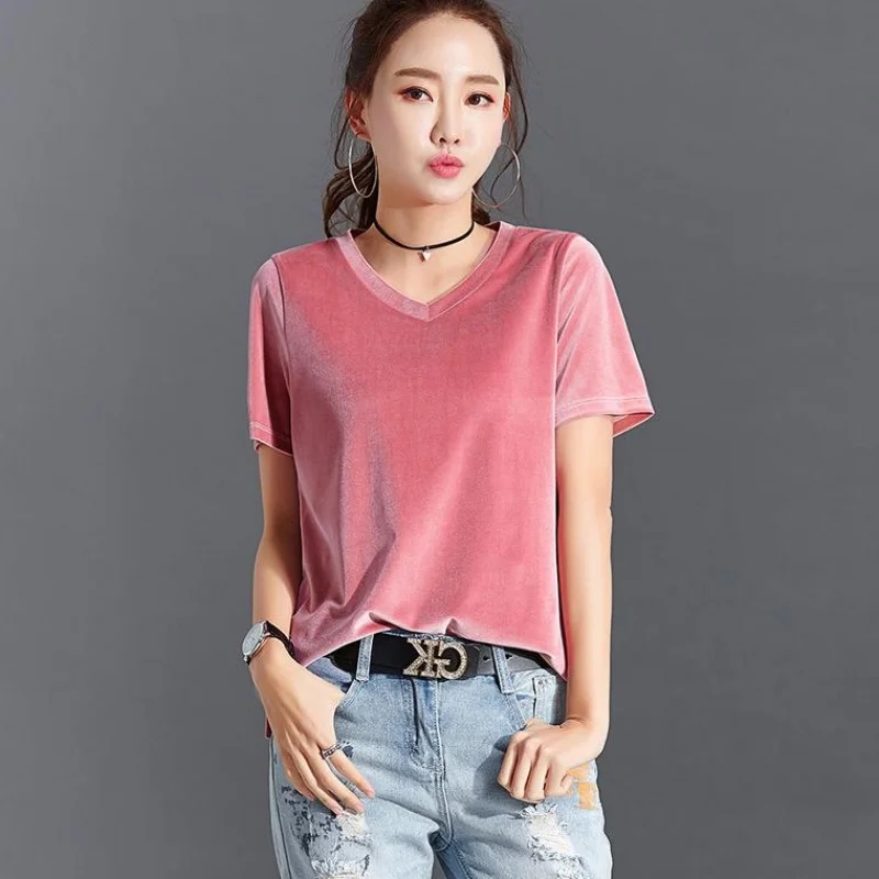 Women Velvet Blouses short Sleeve V-neck Blusas 2024 Summer Sexy Velour Shirts Blusas Top velour Blouse blusas mujer de moda