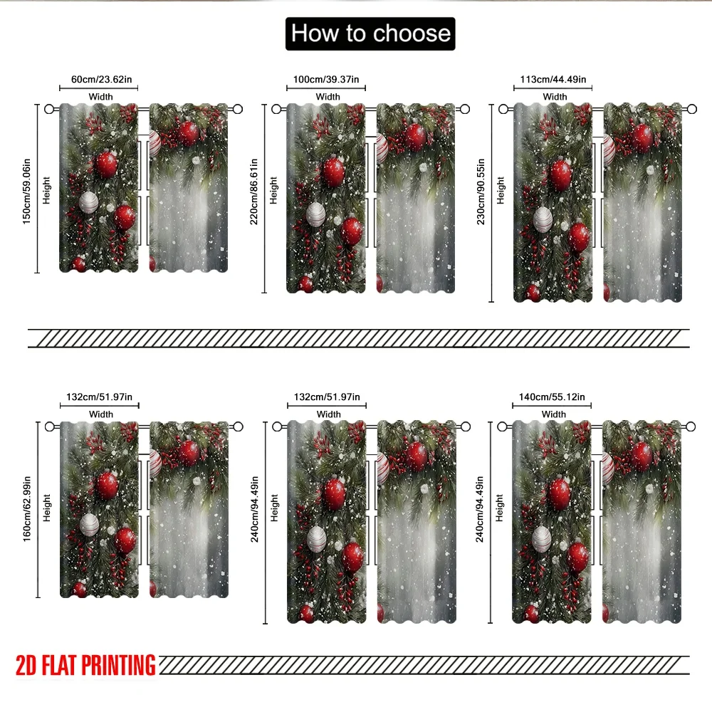 2 قطعة 2D الطباعة المسطحة عيد الميلاد المشهد الستائر عيد الميلاد الصنوبر إبرة كرة الثلج الأحمر طباعة نطاق وأنيق 100% ألياف البوليستر #3