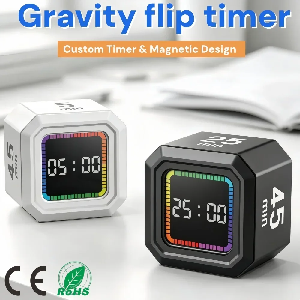 

Pomodoro Timer Cube Gravity Flip Visual Countdown Clock for Study Work Office Desk Silent Time Management Tool Rechargeable