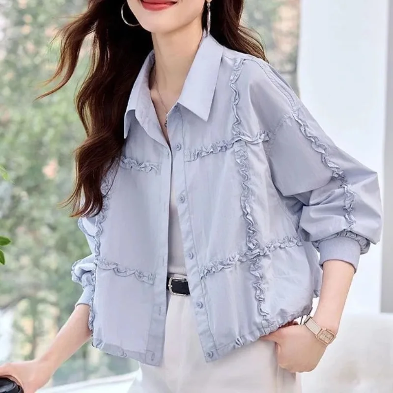 Women Clothing Spring Autumn Fashion Simplicity All-match Ruffles Solid Color Female Appear Thin Cardigan Long Sleeve Windbreake