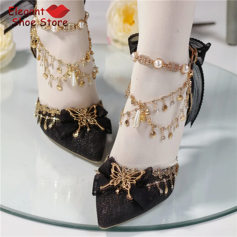 

Elegant Rhinestone Chain Ankle Buckle High Heels Women's Pumps Metal Butterfly Lace Bow Thin Heel Sandals Fairy Party Shoes