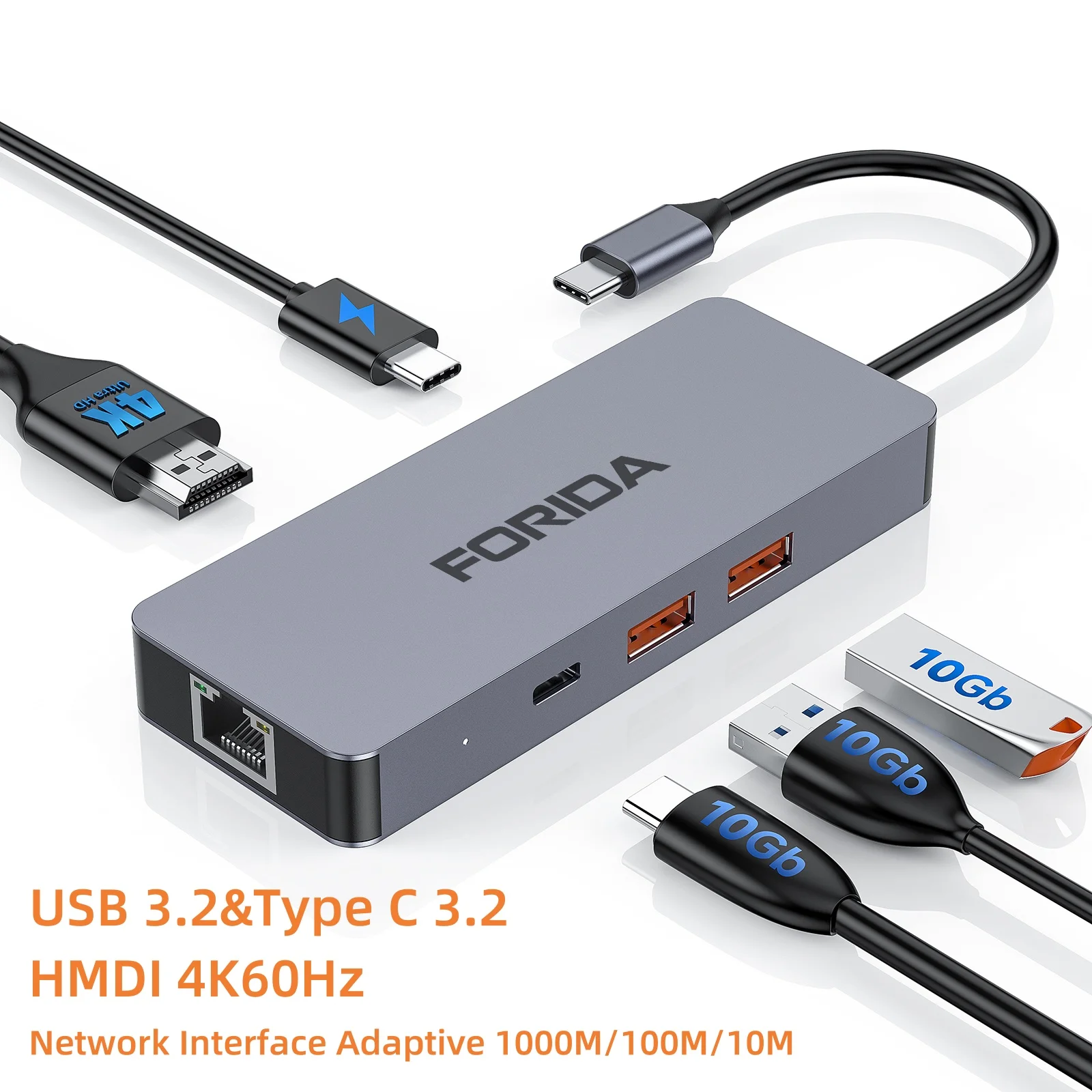 

FORIDA 6 в 1 10 Гбит/с USB C-концентратор USB 3.2 Gen 2 Hub 4K 60 Гц Type C to HDMI RJ45 Ethernet PD 100 Вт для MacBook PC Tablet Laptop