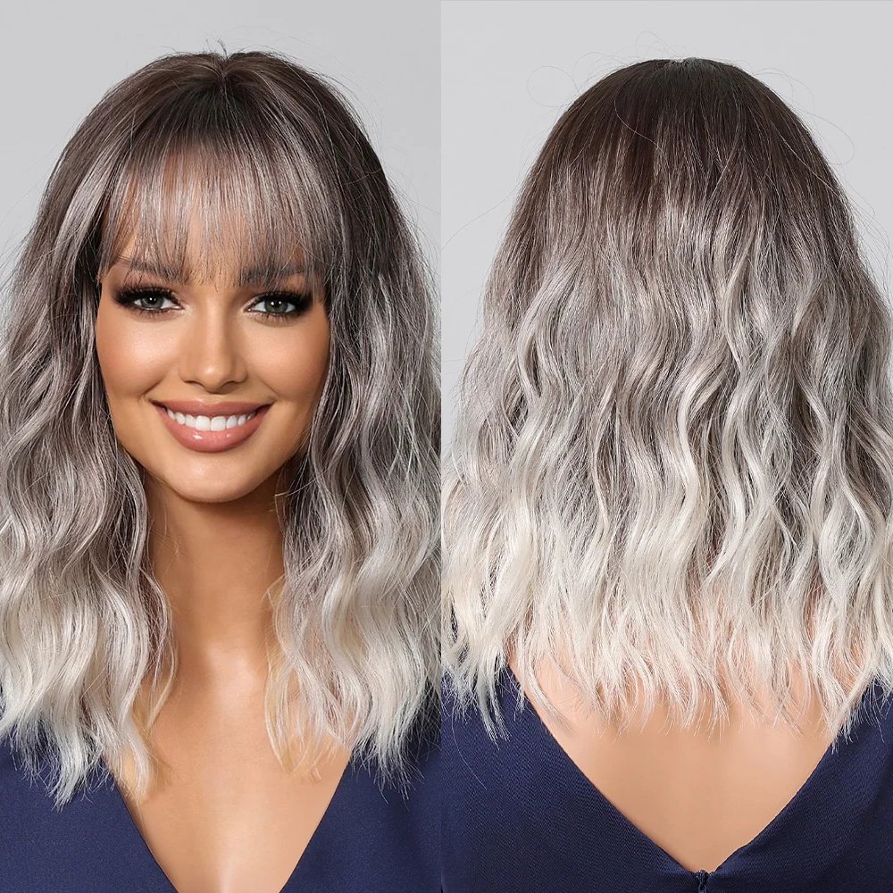 Short Grey Blonde Synthetic Wig for Women Ombre Platinum Bob Wigs with Bangs Cosplay Lolita Wavy Wig High Temperature Hair