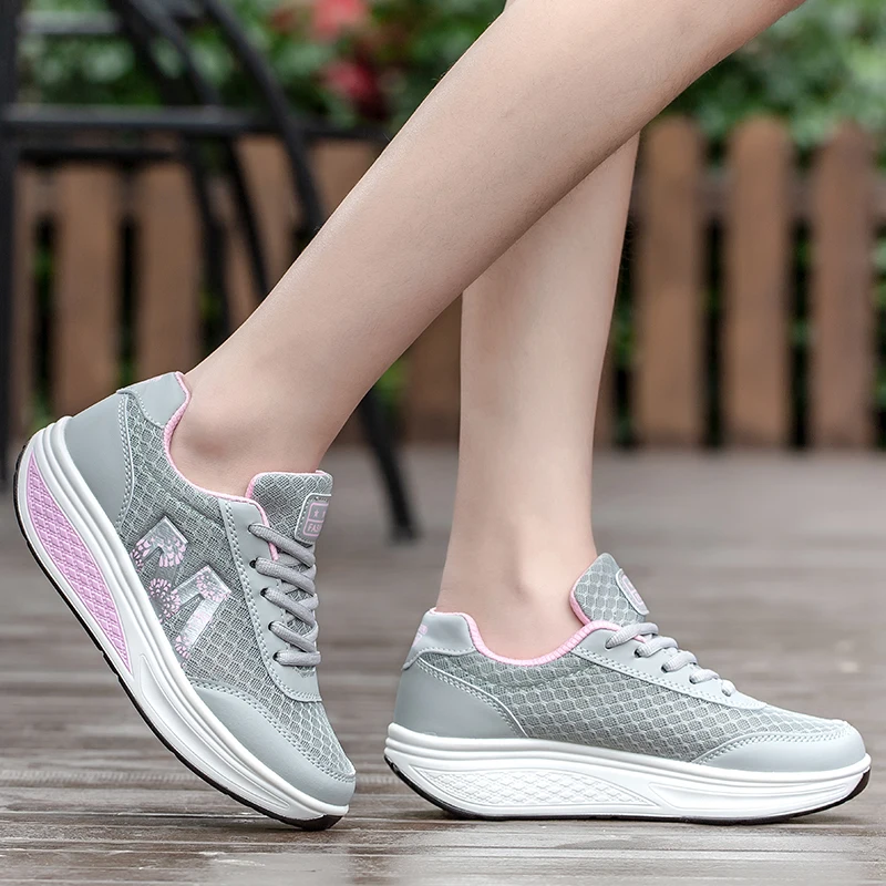 Brand Women Sports Shoes Increase Height 5 Cm Ladies Toning Shoes Wedge Sneakers Breathable Rocking Shoes Platform Shake Shoes