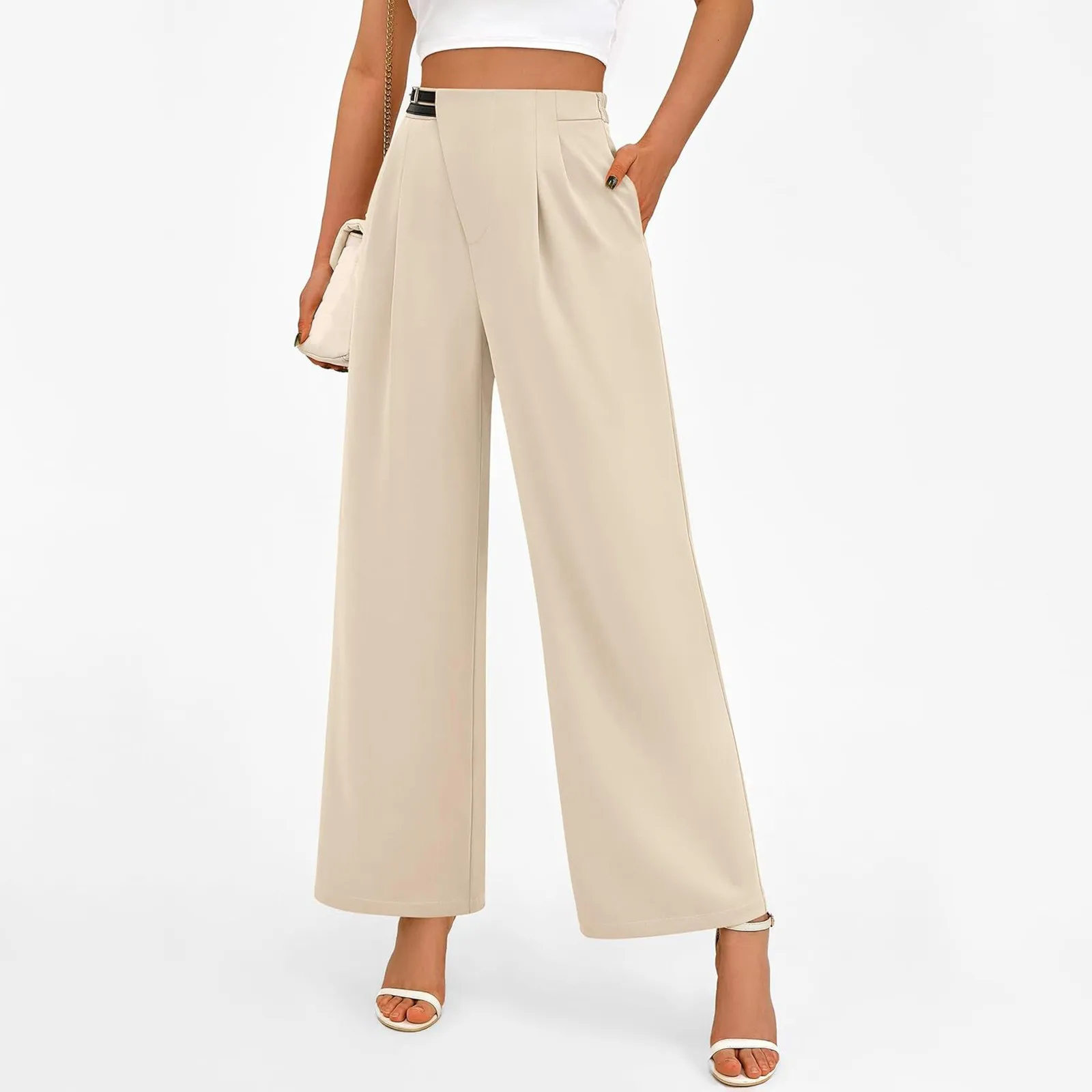 

Women's Wide Leg Pants Dressy High Waisted Business Casual Womens Elastic Belted High Waist Casual Loose Long Pants with Pocket