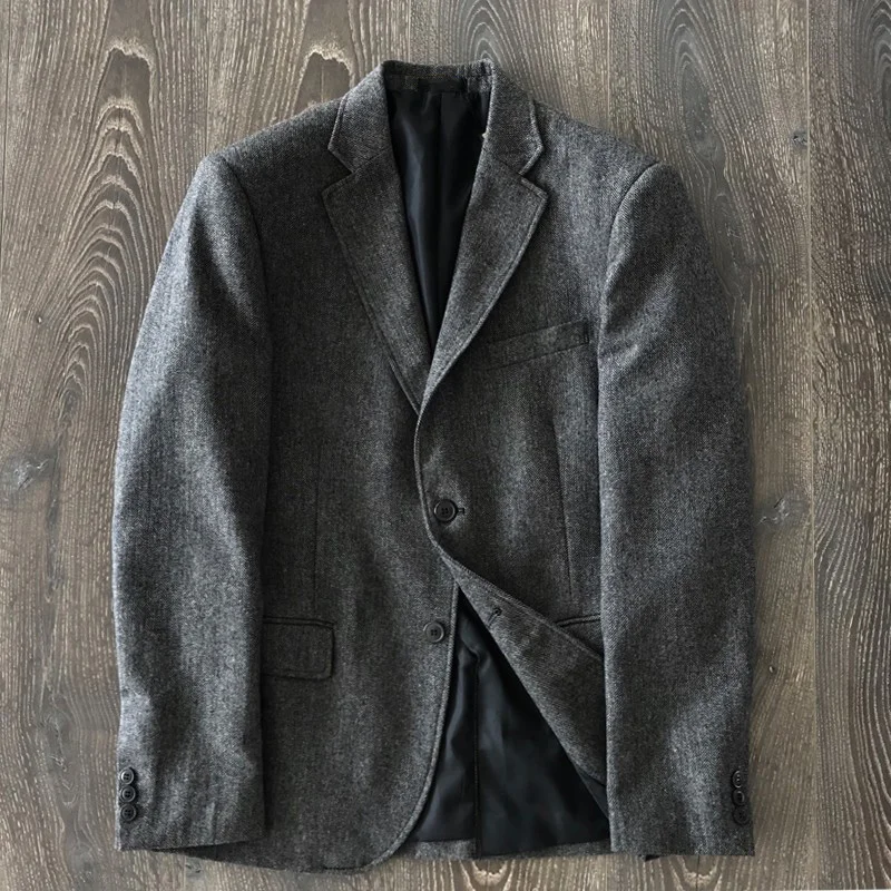 

Autumn and Winter Tweed Woolen Suit for Men, British Retro Striped Slim-Fit Trendy Blazer for Spring and Autumn