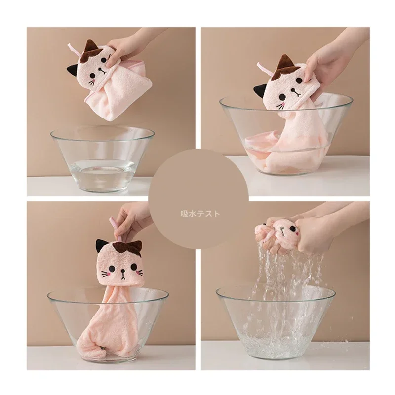 ผ้าเช็ดทำความสะอาดครัวลายแมวน่ารัก ผ้าขนหนูคอรัลเวลเวท ผ้าเช็ดตัวในห้องน้ำแบบแขวน ซึมซับน้ำได้ดี ผ้าเช็ดทำความสะอาดเด็กเนื้อนุ่ม ผ้าเช็ดตัวเด็ก