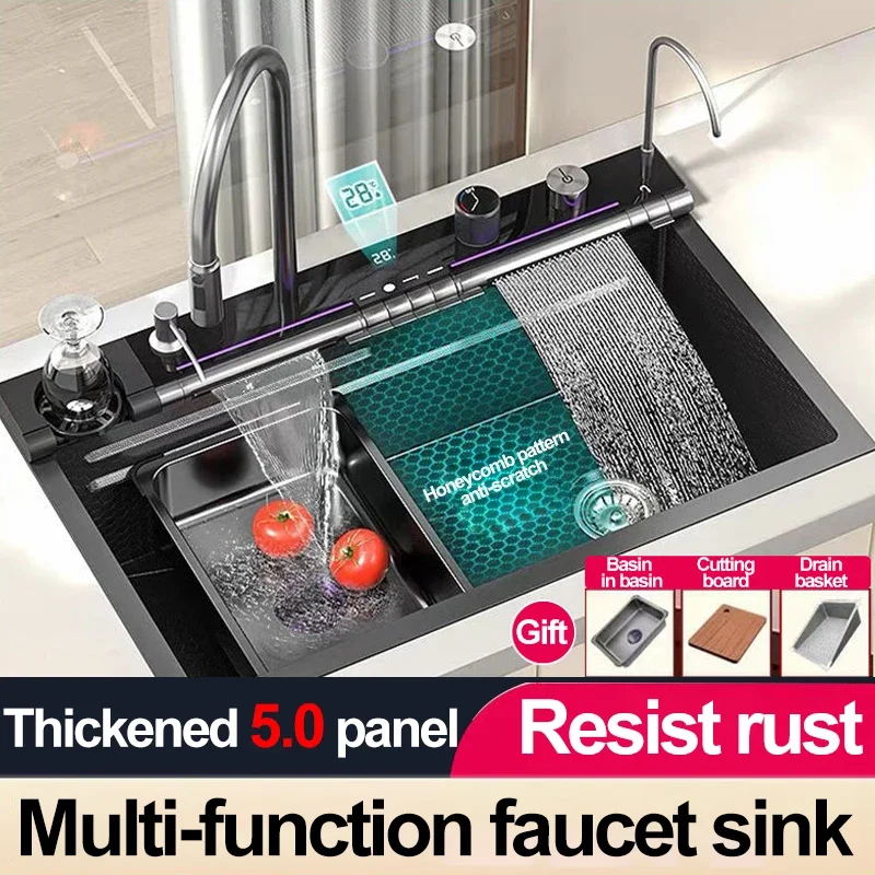 

304 Stainless Steel Multi-functional Digital Display Large Sink for Kitchen Hotel Furniture Decoration,680mm/750mm/800mm X 450mm
