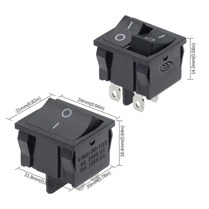 5PCS KCD5 Double Link Rocker Switch 24*21mm 4-Pin/6-Pin 2-Position/3-Position 6A 250V AC Parallel Ship Shaped Power Switch