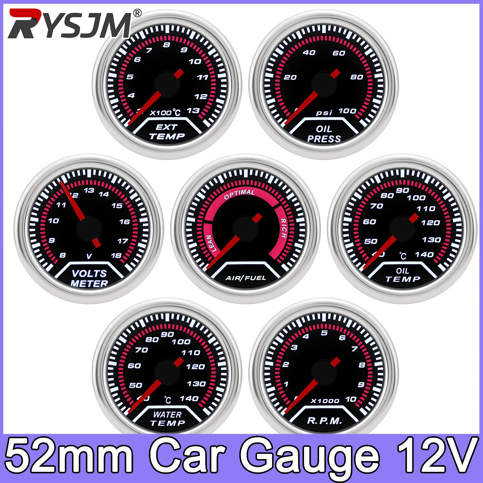 52mm 12V Car Oil Pressure Gauge 0-100PSI + Sensor Oil Press Gauges White LED Meter EXT Tachometer RPM Water Temp Oil Temp Meter