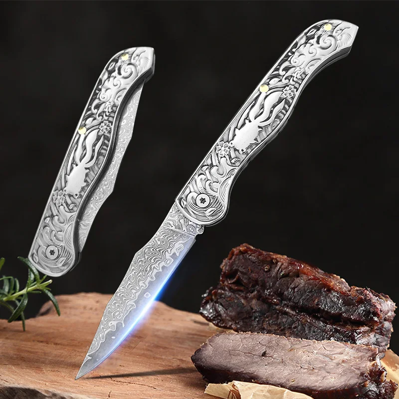 Damascus Knife Folding Knives Chef Cut Meat Paring Fruit Boning Knife Kitchen Knives Damascus Blade Steel Handle Folding Knives