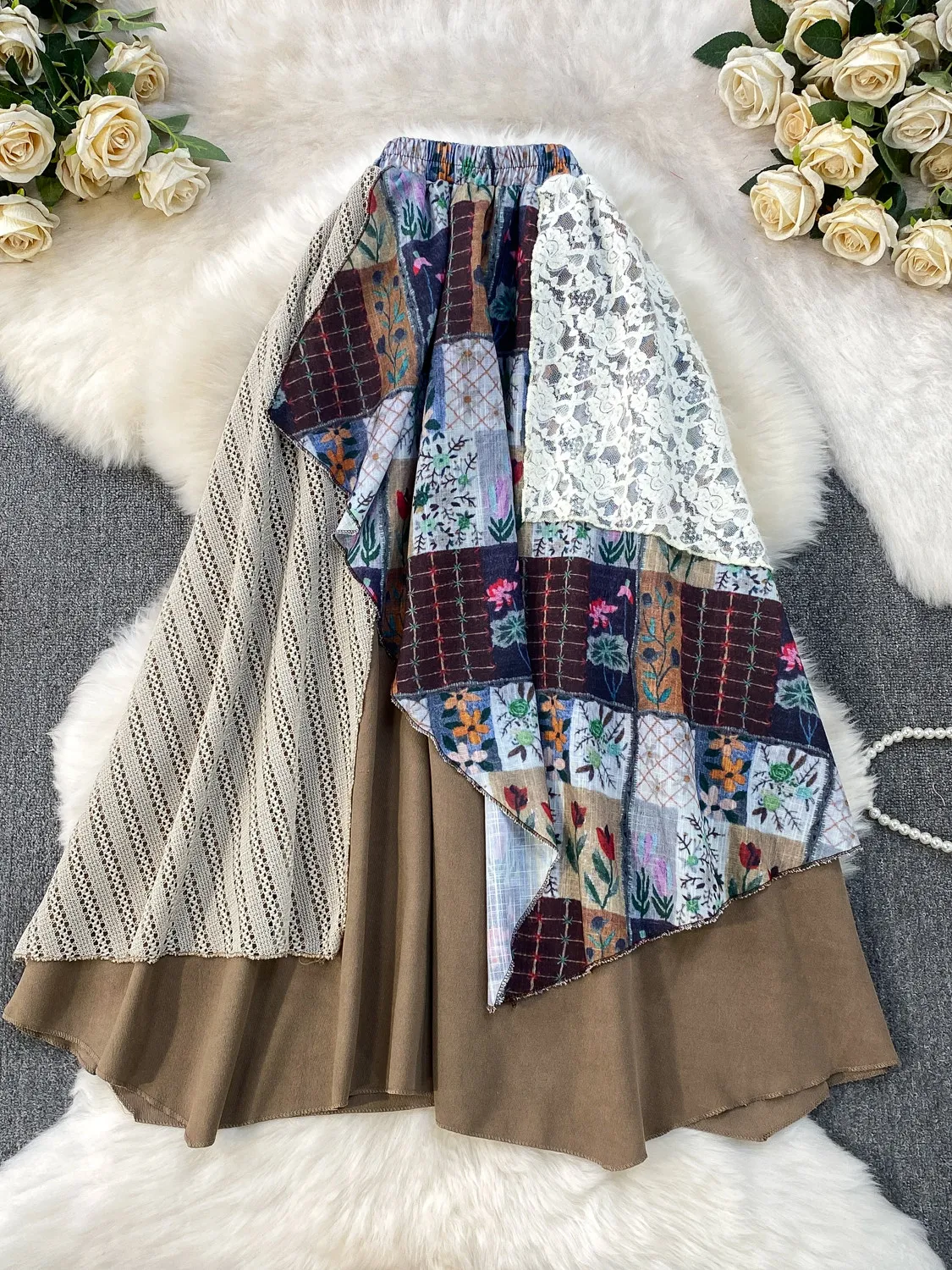 Bohemian Patchwork Irregular Midi Skirt Elastic High Waist Layered Lace Floral Print Skirt For Women Vintage Casual Summer Wear