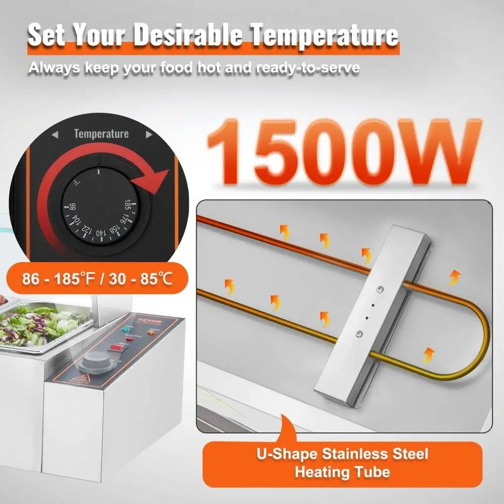 Bancada de buffet com aquecedor elétrico de 6 panelas com vidro com capacidade de 48 Qt para catering e eventos