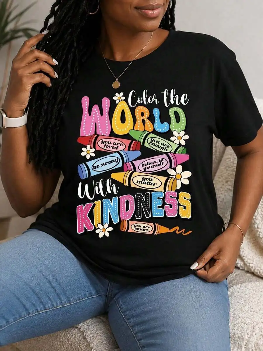 Colorful Crayon Kindness Quote Graphic Tee, Women Round‑Neck Short‑Sleeve Black Tops, Cute Casual Going‑Out Tops, Positive Daily‑Wear Loose‑Fit