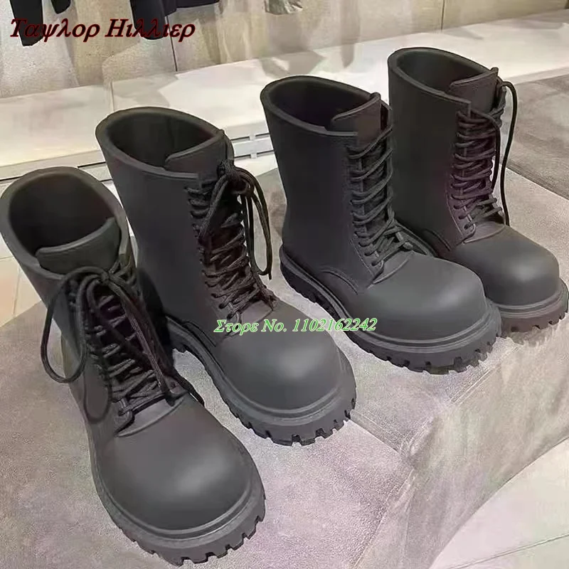 New Black Motorcycle Boots Genuine Leather Round Toe Thick Sole Strap Short Boots Catwalk Versatile And Comfortable Couple Boots