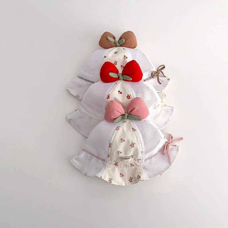 

Детская шляпа от солнца с красным бантом, милая кепка с рюшами и принтом для маленьких девочек, рыбацкая кепка, летние детские шляпы-ведра из тонкой сетки