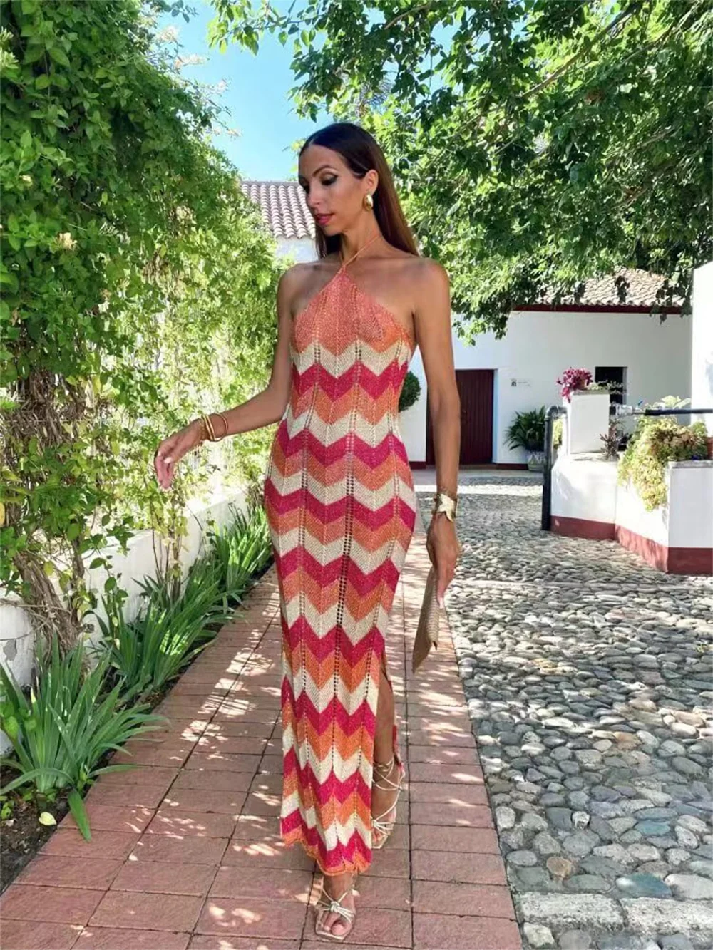 

Exquisite Halter Striped Beach Dresses Women New Sleeveless Off Shouder Maxi 2025 Summer Elegant Holiday Dress