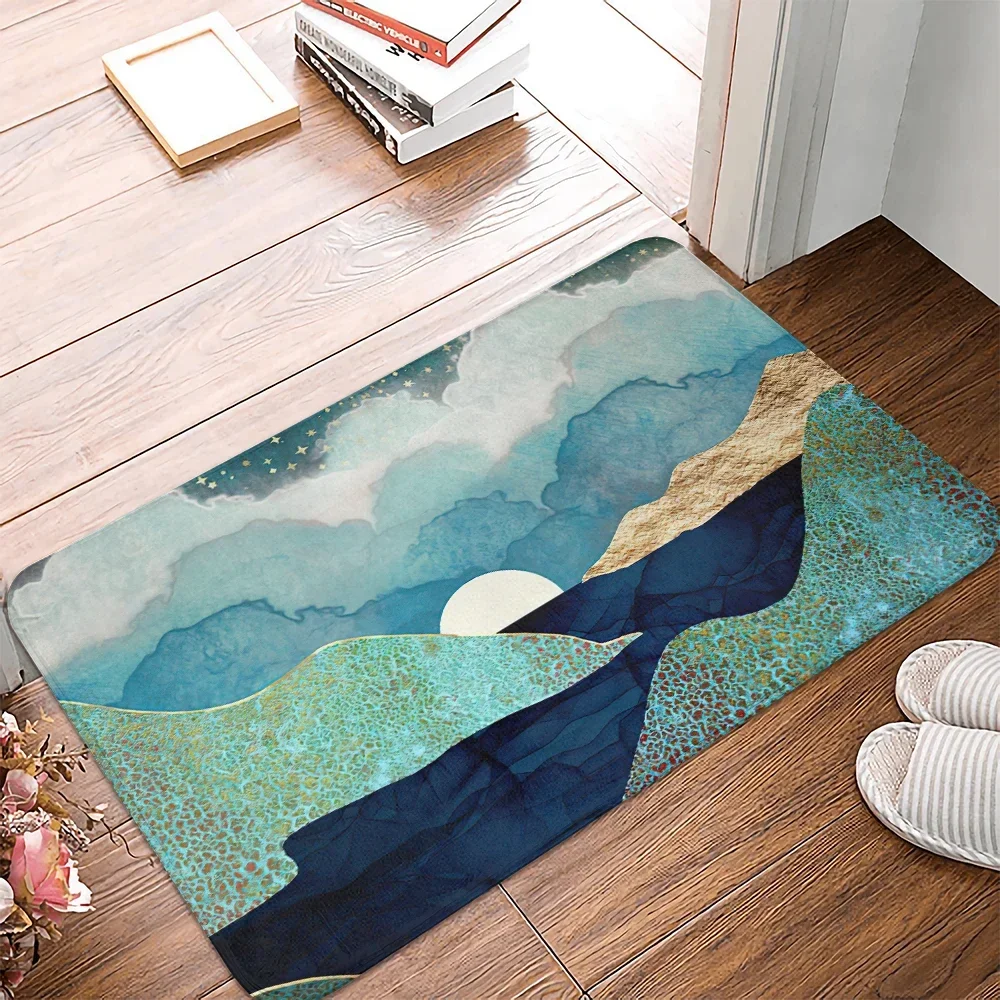 Winter River Entrance Door Mat Bath Mat Rug Winter River Landscape Nature Mountain Sun Teal Blue Aqua Mint Navy Gold Trees