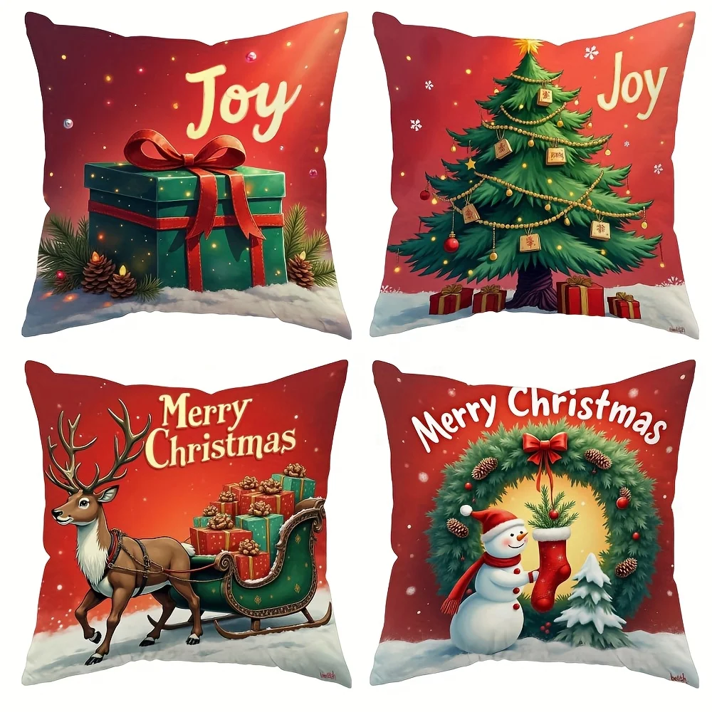 

4-piece Christmas pillowcases, featuring designs of deer, snowman and tree, zipper-style bedroom pillowcases (without filling)